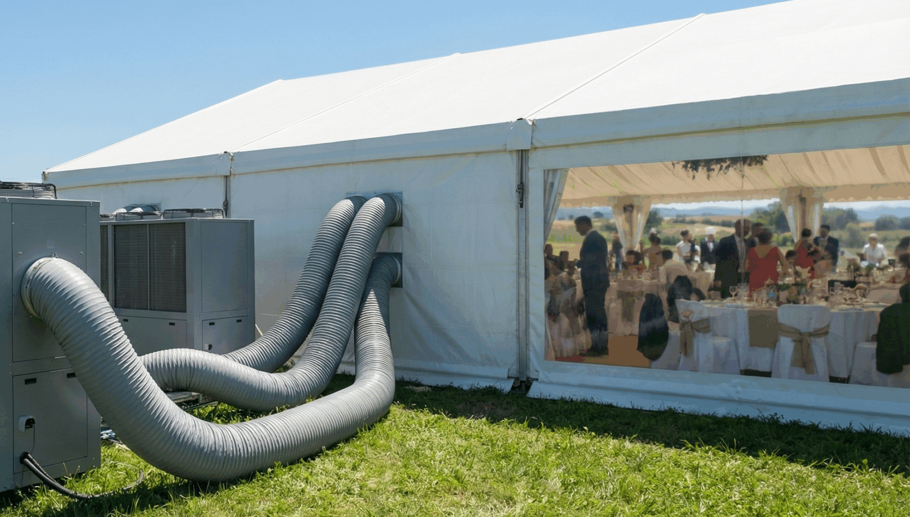 Climatización profesional para bodas y grandes eventos en carpas en Lleida Equipos de aire acondicionado CLIVI climatizando una carpa de eventos en la provincia de Lleida.