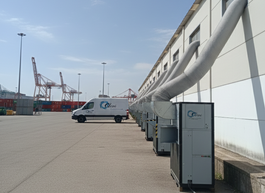 Alquiler de unidades de aire acondicionado industrial CLIVI en el Puerto de Barcelona, con conductos hacia una carpa de evento.