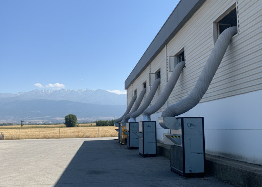 Equipos de aire acondicionado industrial de alquiler (estilo modular) con conductos flexibles conectados a un edificio en la provincia de Huesca.