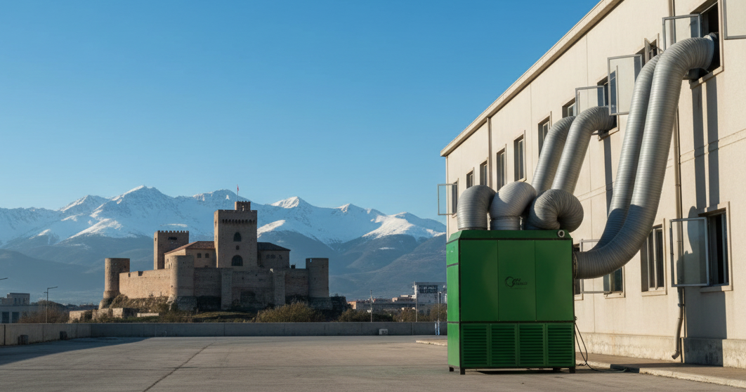 Caldera industrial de alquiler con conductos para proporcionar calefacción a un edificio, Huesca.