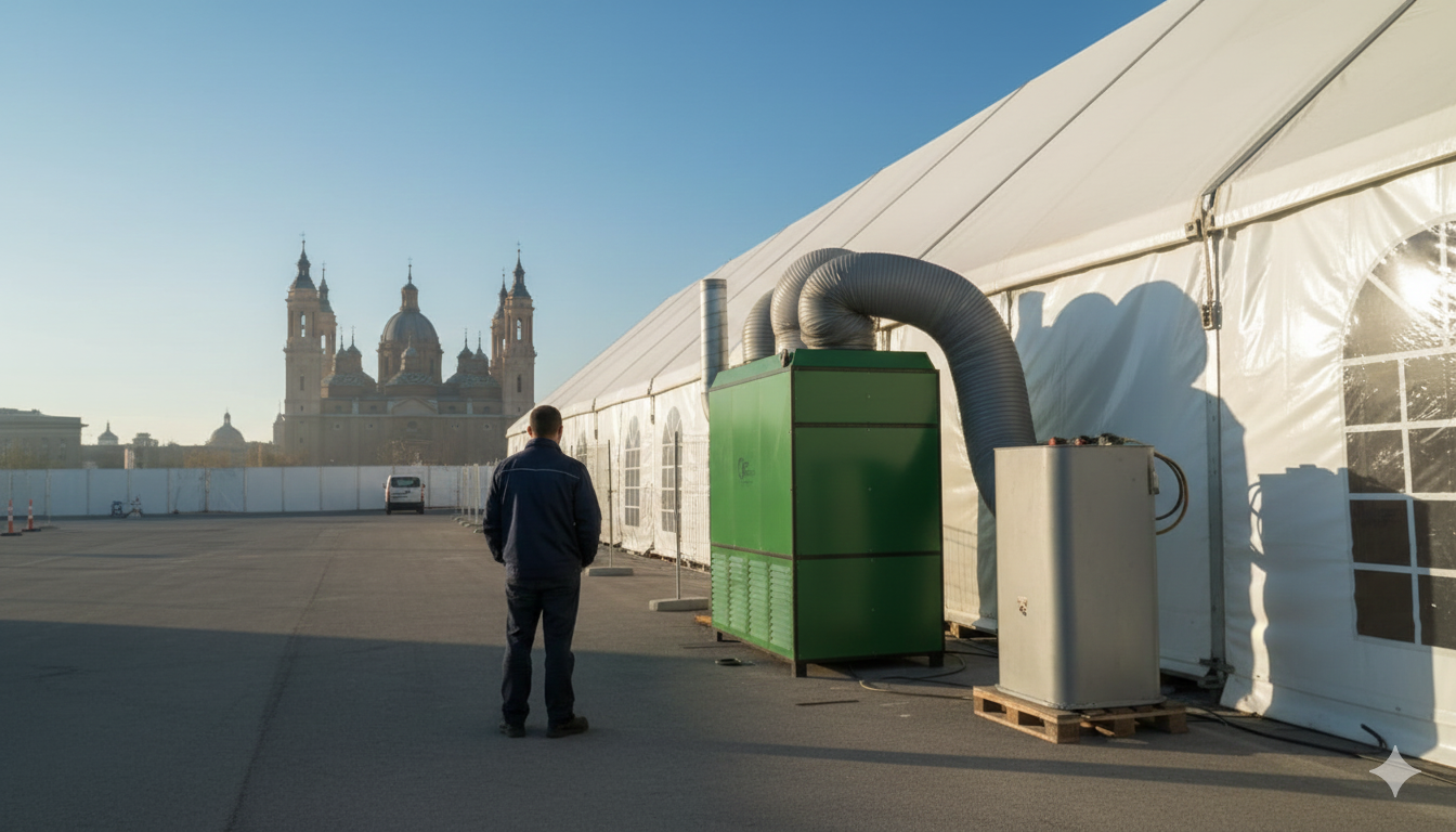Caldera industrial de alquiler CLIVI, instalada junto a una carpa de eventos en Zaragoza para proporcionar calefacción.