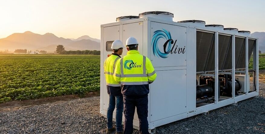 CLIVI alquiler enfriadora de agua industrial (chiller), instalada en un entorno agrícola en Huesca.