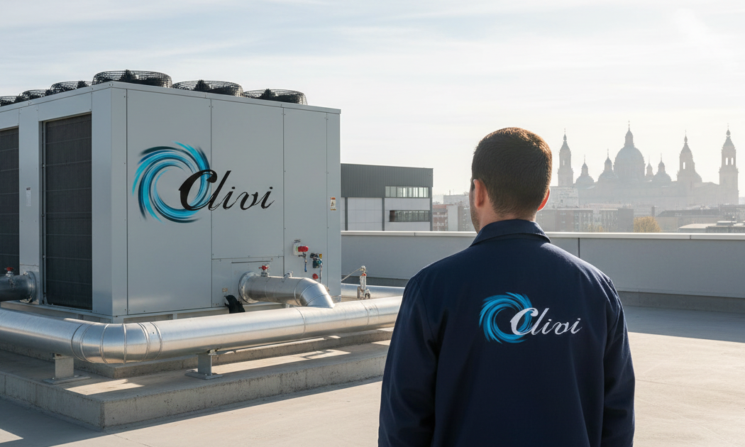 Técnico de CLIVI supervisando una enfriadora de agua industrial de alta potencia conectada a un edificio en Zaragoza, con el Pilar de fondo.