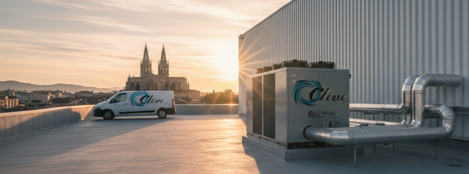 Enfriadora de agua (chiller) industrial de CLIVI en Girona, conectada a nave industrial para refrigeración de procesos.