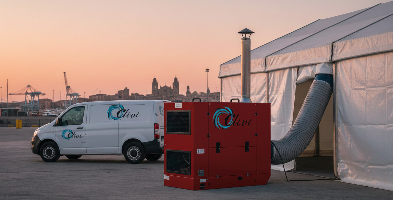 Generador de aire caliente CLIVI para alquiler en Tarragona, ideal para naves y eventos.
