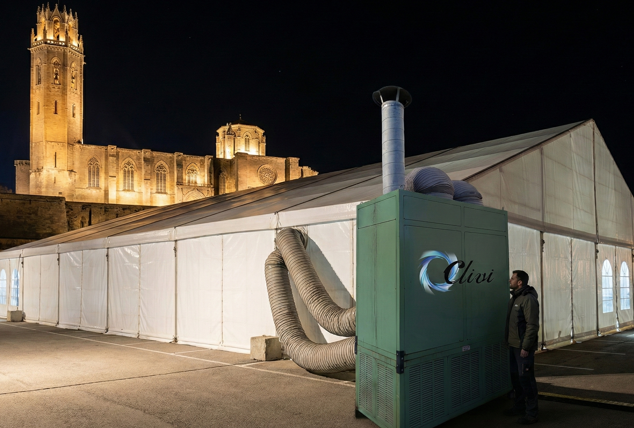 Generador de aire caliente industrial CLIVI de combustión indirecta climatizando una carpa de eventos en Lleida.