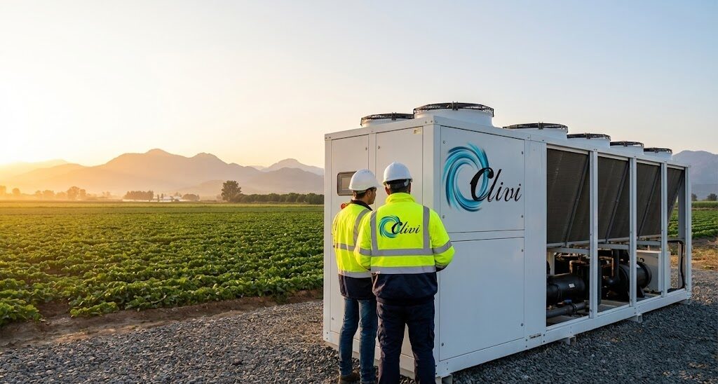 alquiler-enfriadora-agua-chiller-industrial-clivi Enfriadora de agua industrial de alta eficiencia CLIVI instalada en exterior para refrigeración de procesos.