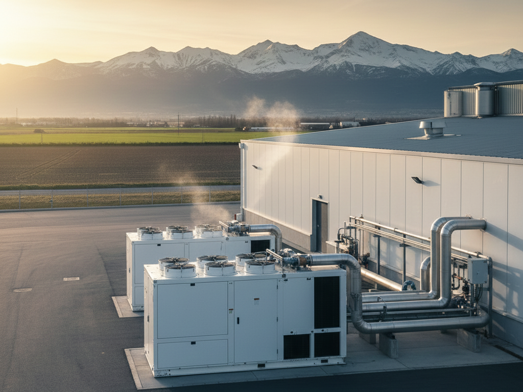 Enfriadora de agua industrial CLIVI de alta potencia, instalada en un centro de procesamiento cárnico en la provincia de Lleida, proporcionando refrigeración para procesos industriales.