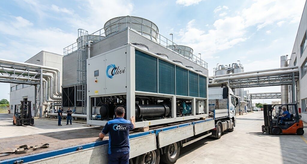 Operario de CLIVI supervisando la carga de una gran enfriadora de agua industrial en un camión de transporte en una instalación industrial.