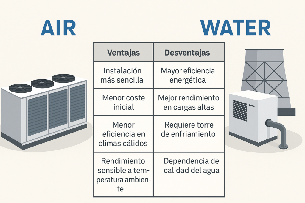 Comparativa técnica entre chillers enfriados por aire y por agua.